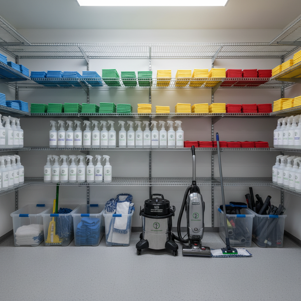 An organized cleaning supply closet belonging to a professional Los Angeles cleaning company, with shelves lined in precise rows of color-coded microfiber cloths, labeled eco-friendly cleaning solutions, and neatly stacked mop heads and vacuum attachments. A commercial-grade vacuum and flat mop stand upright on a spotless, light gray epoxy floor. Cool, even overhead lighting illuminates the closet, minimizing shadows and highlighting the orderliness of every item. Captured in photographic realism from a straight-on, eye-level perspective, the composition is symmetrical and balanced, with sharp focus throughout. The atmosphere is efficient, methodical, and trustworthy, visually communicating the company’s commitment to consistency, preparedness, and professional standards in every job.