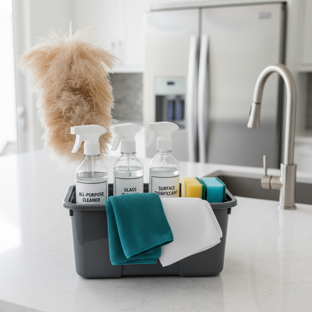 A close-up, photographic realism shot of professional cleaning supplies neatly arranged in a sturdy, dark gray caddy, placed on a spotless white quartz kitchen countertop. The caddy holds labeled spray bottles with crystal-clear liquid, folded microfiber cloths in teal and white, a feather duster with fine, soft bristles, and a pair of neatly stacked cellulose sponges. In the softly blurred background, a modern Los Angeles kitchen with stainless steel appliances and a shining sink reflects diffused daylight from an unseen window. The lighting is bright but gentle, emphasizing the textures of the cloths and the sparkle of the clean countertop. The composition is centered, with a shallow depth of field, creating a professional, trustworthy, and detail-oriented mood.