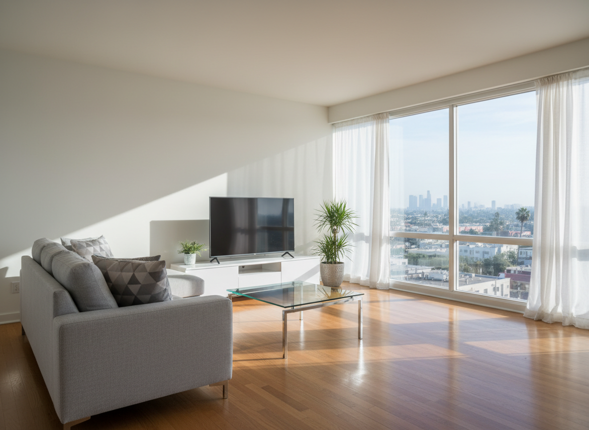 A spotless, modern living room with a freshly cleaned look, featuring a soft gray sectional sofa, a glass coffee table free of fingerprints, and gleaming hardwood floors without a speck of dust. The room is framed by large windows revealing a subtle hint of the Los Angeles skyline, with sheer white curtains adding softness. Mid-morning natural light pours in, reflecting off polished surfaces and creating gentle, crisp shadows. Shot at eye level with photographic realism, the composition follows the rule of thirds, with the sofa as the main anchor and the rest of the room in sharp focus. The mood is calm, orderly, and professional, conveying the reliability and thoroughness of a premium cleaning service.