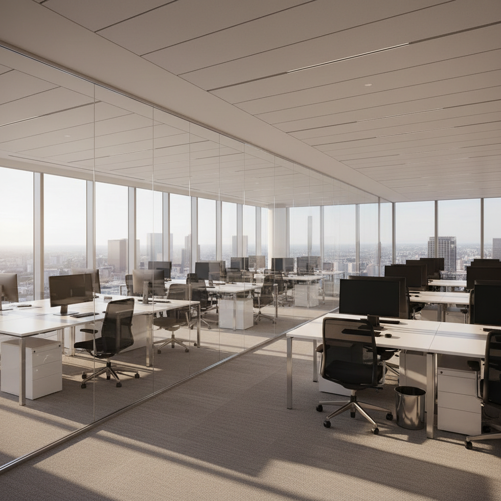 A bright, meticulously cleaned open-plan office space in downtown Los Angeles, with flawless glass partitions, dust-free white desks, and neatly aligned ergonomic chairs. Computer monitors and keyboards sit on clutter-free workstations, with trash bins empty and carpets freshly vacuumed, showing neat, linear patterns. Afternoon sunlight streams through tall windows, bouncing off polished metal details and creating soft, elongated shadows. Captured from a slightly elevated angle with photographic realism, the image has a clean, modern composition with sharp focus throughout, emphasizing order and professionalism. The atmosphere is efficient and trustworthy, suggesting a commercial cleaning service that maintains a consistently pristine work environment for businesses.