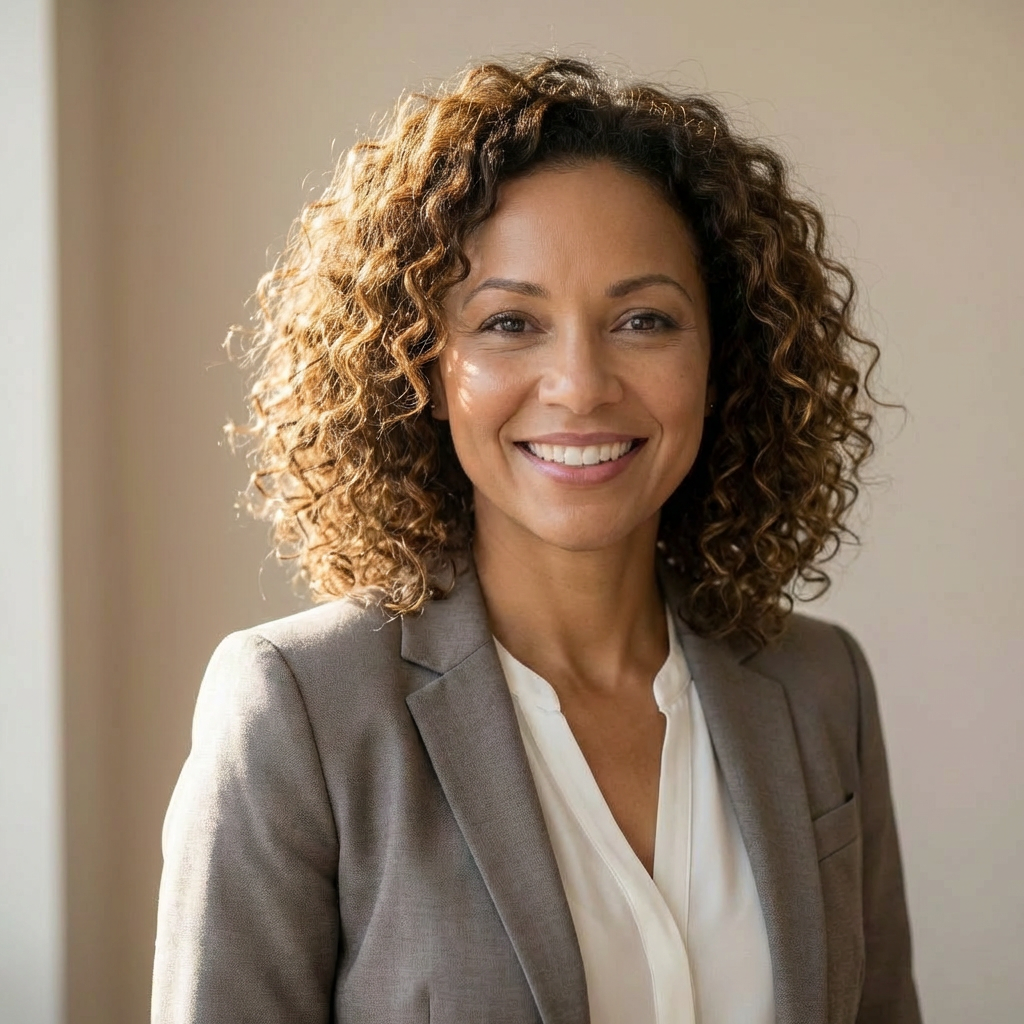 Smiling woman with curly hair wearing a gray blazer and white blouse.