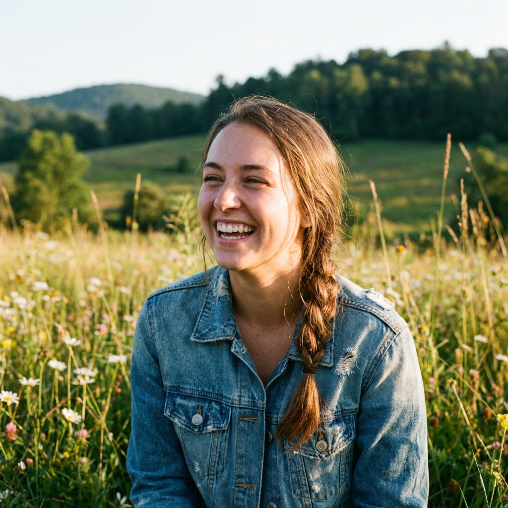 A woman with a braided hairstyle laughs while sitting in a field of wildflowers.
