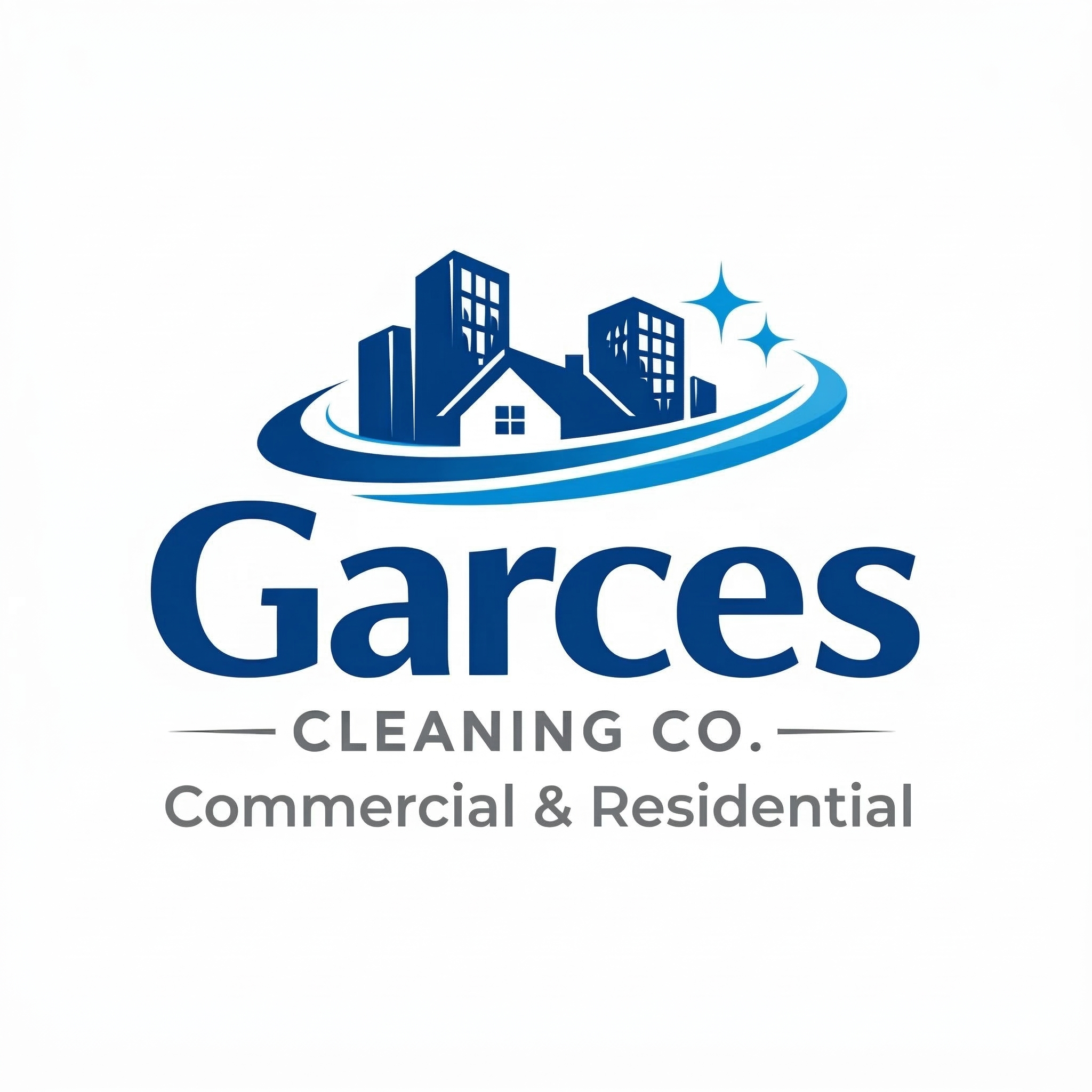 The logo for Garces Cleaning Co. features a stylized cityscape with a house in the center, surrounded by a blue swirl and ...